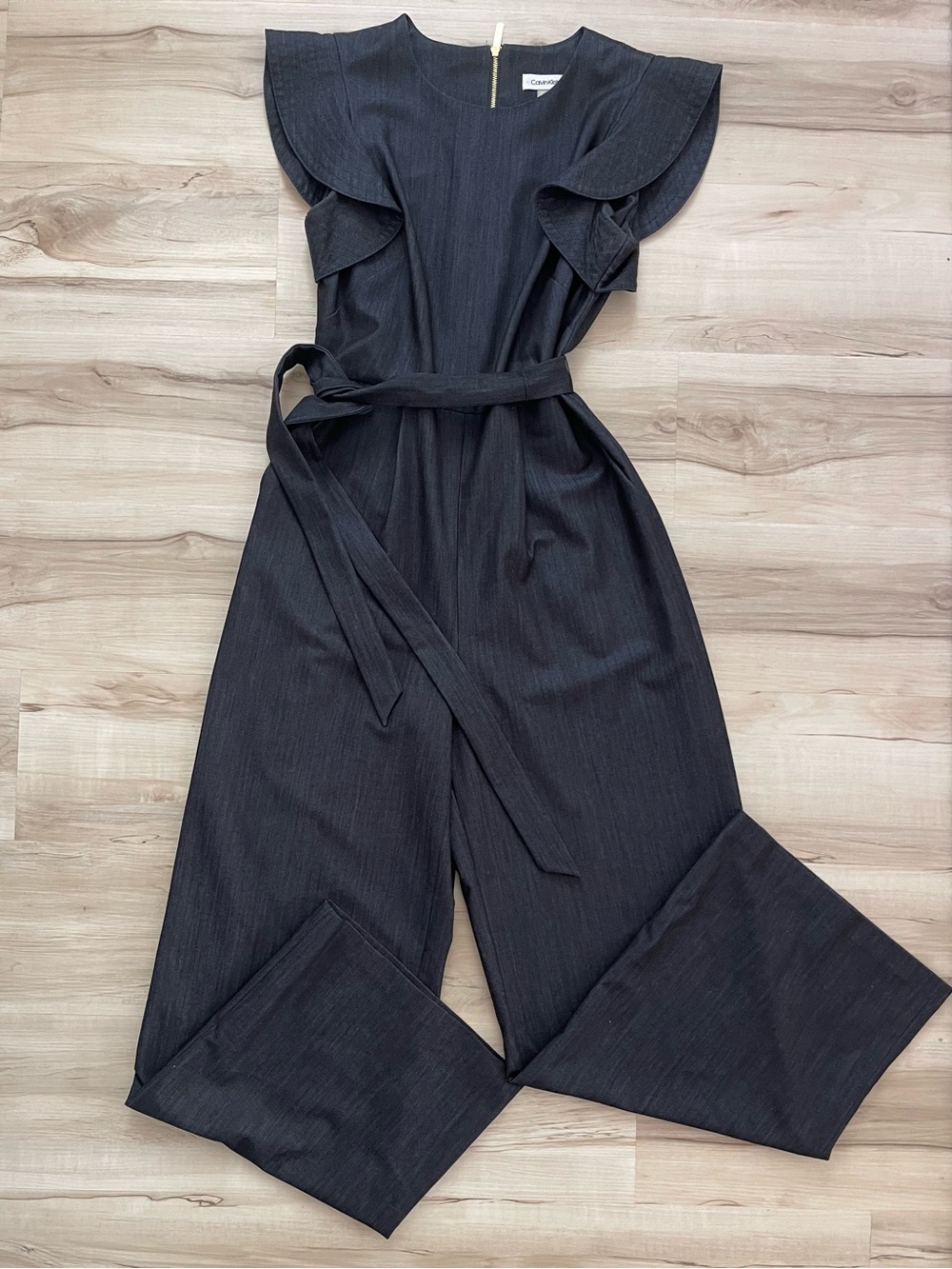 Calvin Klein denim blue Ruffled Sleeve Wide-Leg Jumpsuit with Belt
